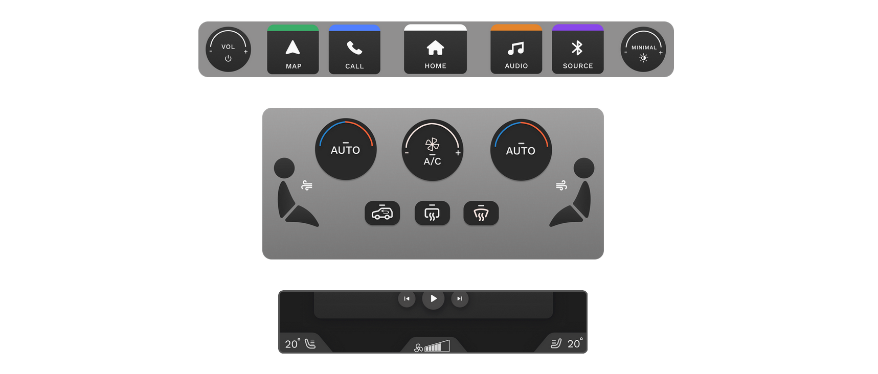 The physical interfaces including a navigation bar and the climate control, as well as the climate control feedback on the screen.